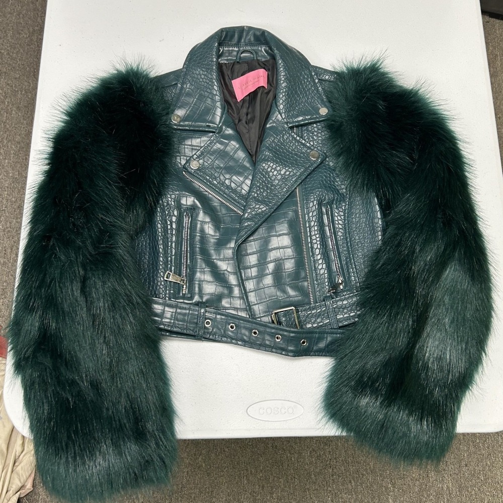 Azalea Wang Moto Jacket Womens S Green Croc Embossed Faux Fur Sleeve A5